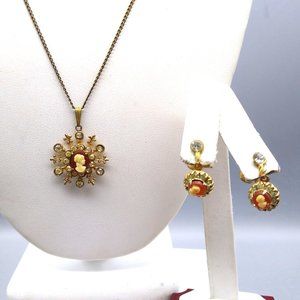 Vintage Tiny Cameo with Crystal Halo Pendant Necklace and Screwback Earrings